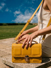 Geometric Quilted Twist Lock Satchel Bag With Strap - Yellow