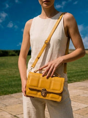Geometric Quilted Twist Lock Satchel Bag With Strap - Yellow