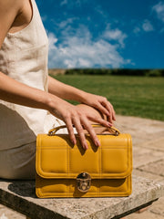 Geometric Quilted Twist Lock Satchel Bag With Strap - Yellow