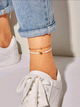 2pcs Heart & Bead Decor Anklet Set - Gold