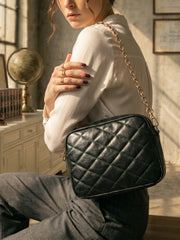 Minimalist Quilted Chain Crossbody Bag - Dark Olive Green