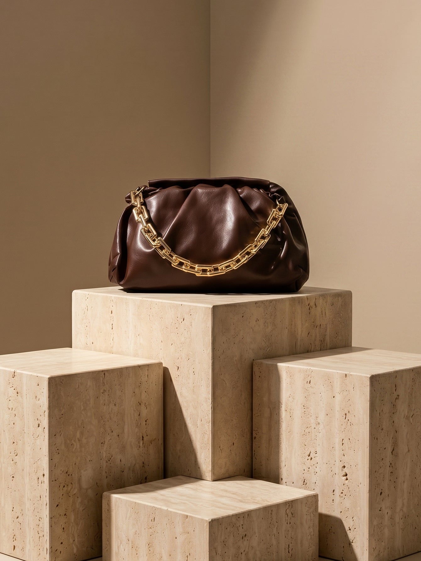 Minimalist Cloud Ruched Chain Decor Bag - Mocha Brown - www.thetreasurebox.me