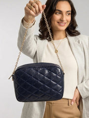 Minimalist Quilted Chain Crossbody Bag - Dark Navy Blue