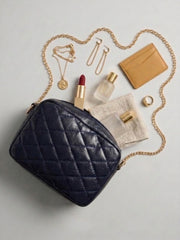 Minimalist Quilted Chain Crossbody Bag - Dark Navy Blue