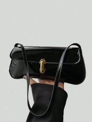 Minimalist Solid Black Flip-Top Snap Lock Baguette Shoulder Bag - www.thetreasurebox.me