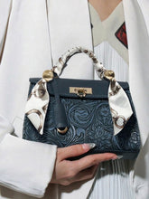 Navy Blue Floral Embossing Patchwork Square Flap Closure Twilly Scarf Decor Satchel Bag