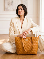 Quilted Pattern Shoulder Tote Bag - Amber / Mustard Yellow