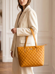 Quilted Pattern Shoulder Tote Bag - Amber / Mustard Yellow
