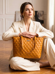 Quilted Pattern Shoulder Tote Bag - Amber / Mustard Yellow