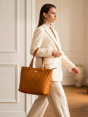 Quilted Pattern Shoulder Tote Bag - Amber / Mustard Yellow