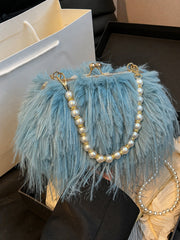 Slouchy Plush Kiss Lock Pearl Decor Handle Crossbody Bag - Blue / Khaki