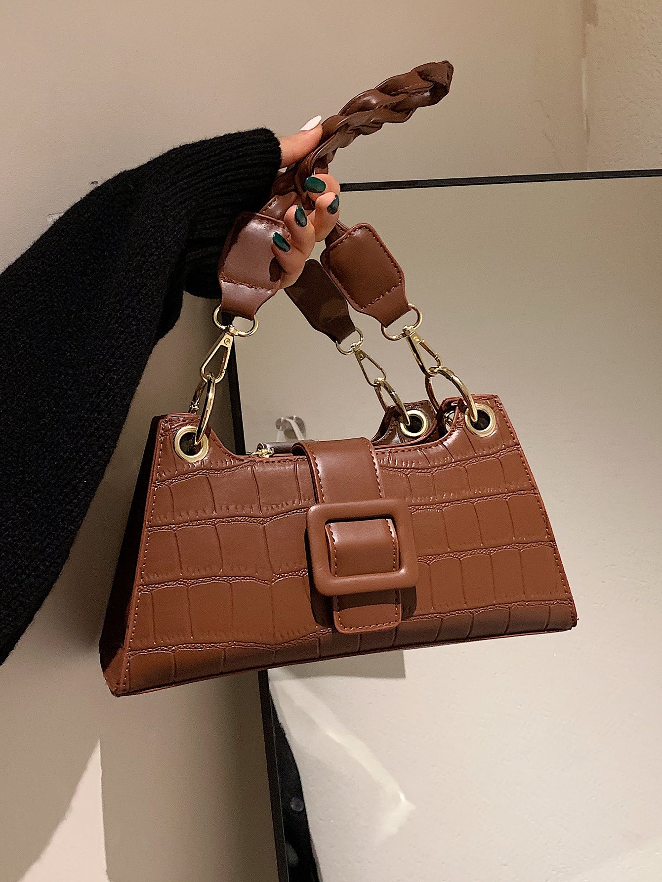 Croc Embossed Baguette Bag Brown