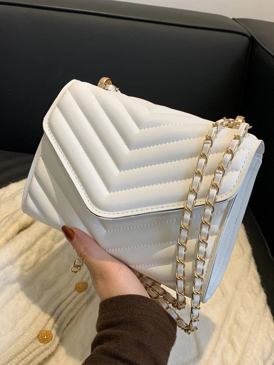 Quilted Pattern Flap Chain Square Bag - White - FD ⚡