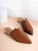 Point Toe Snakeskin Embossed Flat Mules Brown - Brown
