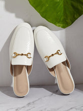Metal Decor Snakeskin Flat Mules - White
