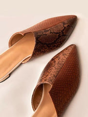 Point Toe Snakeskin Embossed Flat Mules Brown - Brown - www.thetreasurebox.me