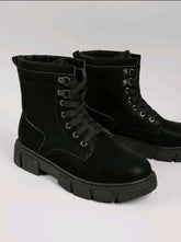 Faux Nubuck Lace-Up Lug Combat Boots - Black - www.thetreasurebox.me