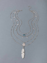 Feather & Rhinestone Charm Layered Necklace - Silver