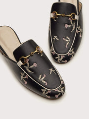 Floral Embroidery Loafer Mules - Black