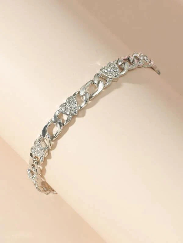 Ura Rhinestone Heart Decor Bracelet - Silver - FD ⚡