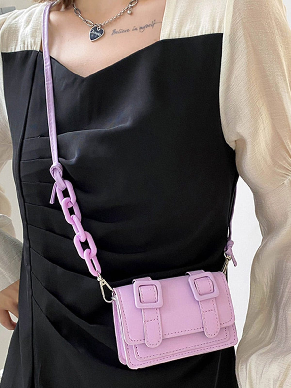 Mini Buckle Detail Stitch Detail Square Bag - Purple - FD ⚡