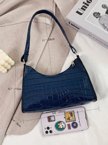 Croc Embossed Shoulder Bag - Navy Blue