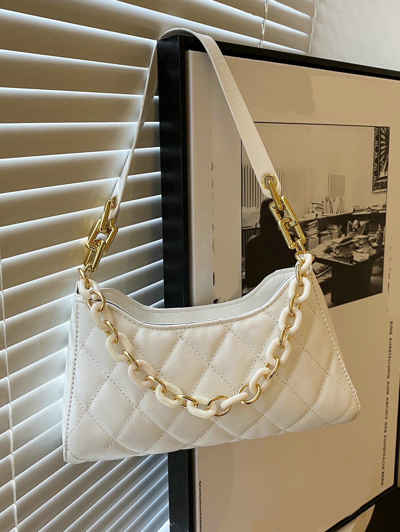 Quilted Chain Decor Baguette Bag - White - FD ⚡