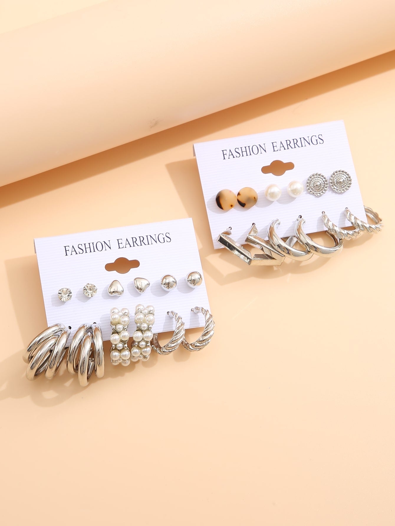 12pairs Faux Pearl & Heart Decor Earrings - Silver - FD ⚡