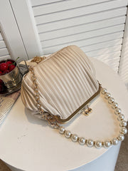 Faux Pearl Decor Kiss Lock Satchel Bag - Khaki