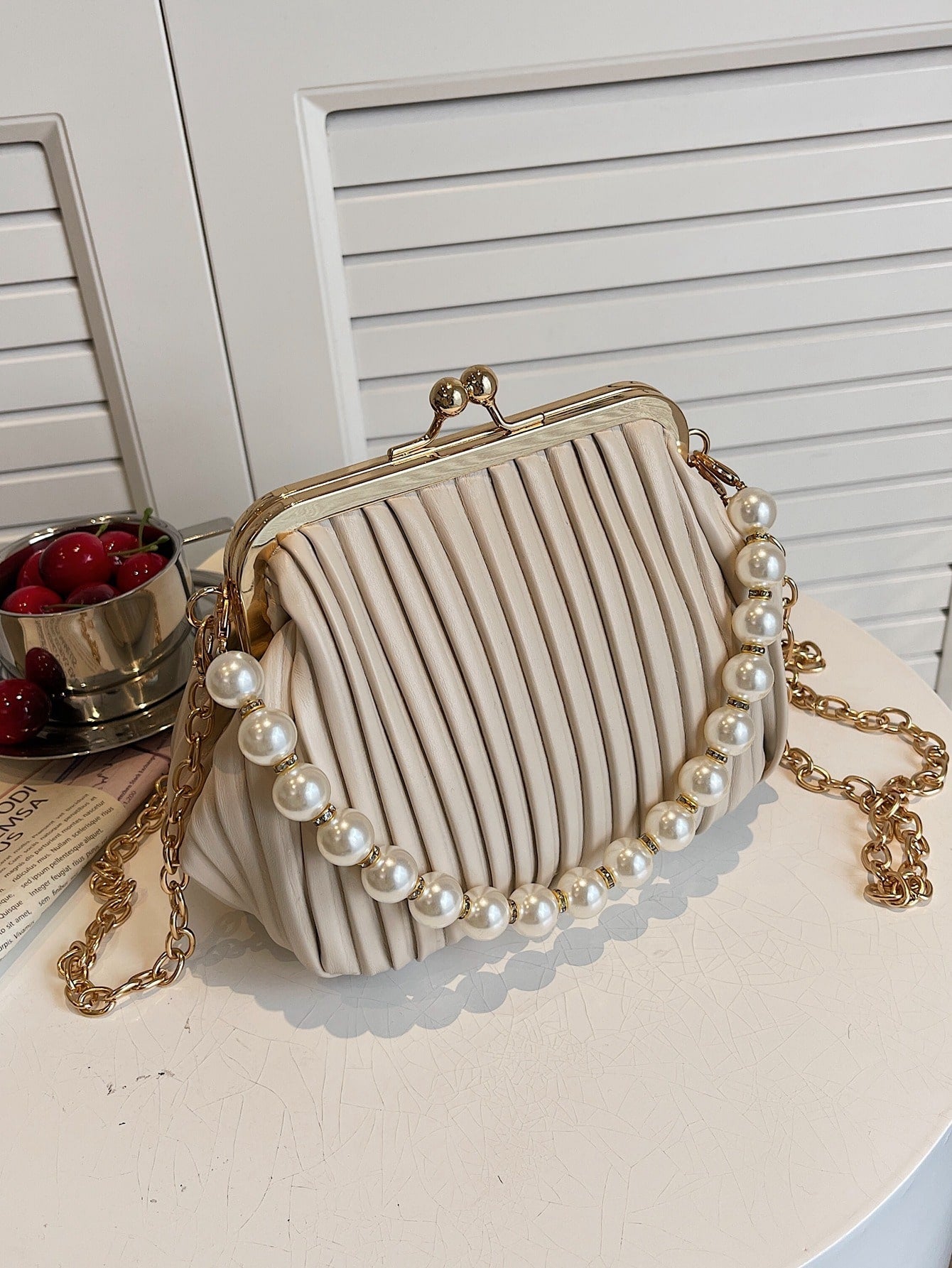 Faux Pearl Decor Kiss Lock Satchel Bag - Khaki