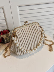 Faux Pearl Decor Kiss Lock Satchel Bag - Khaki