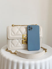 Quilted Push Lock Flap Chain Square Bag - White