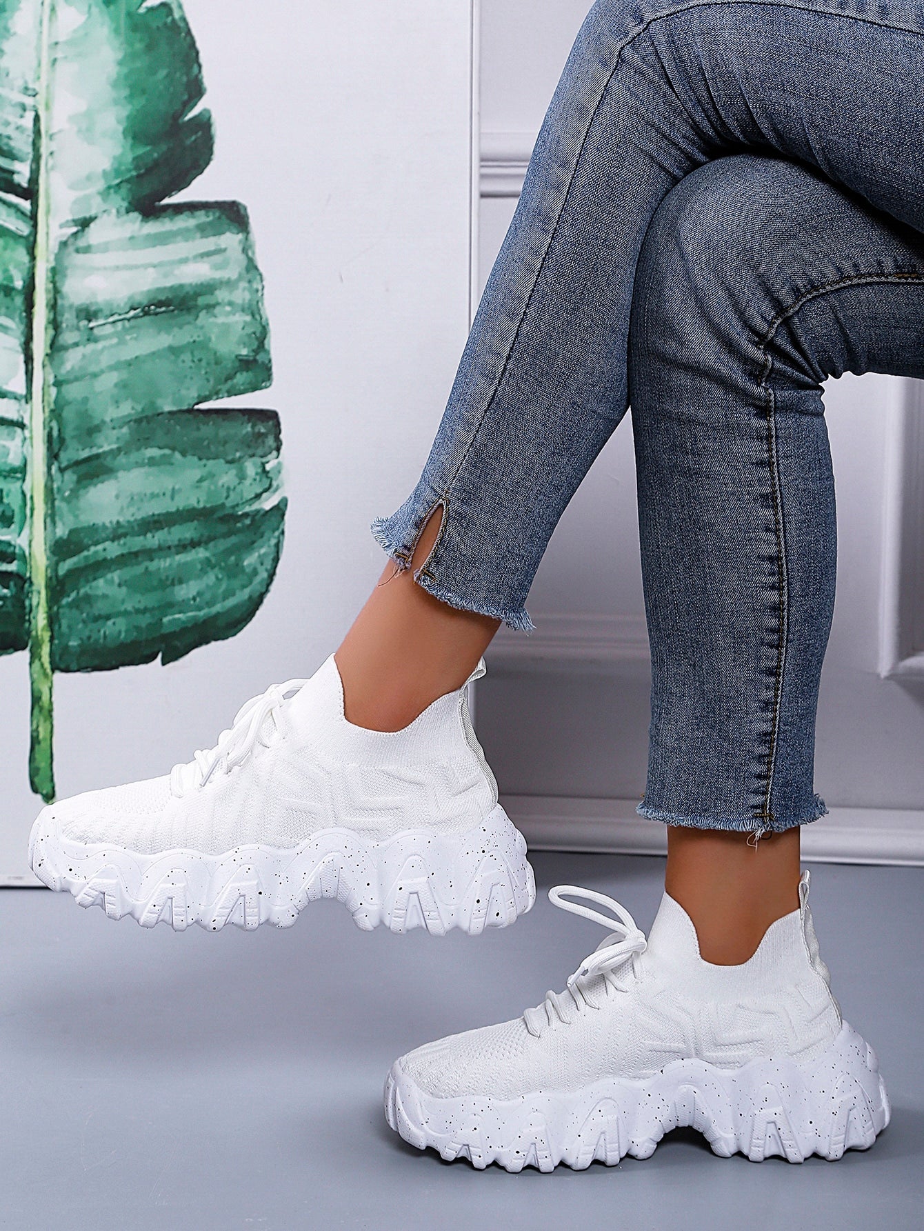 Striped Pattern Lace-up Front Chunky Sneakers - White
