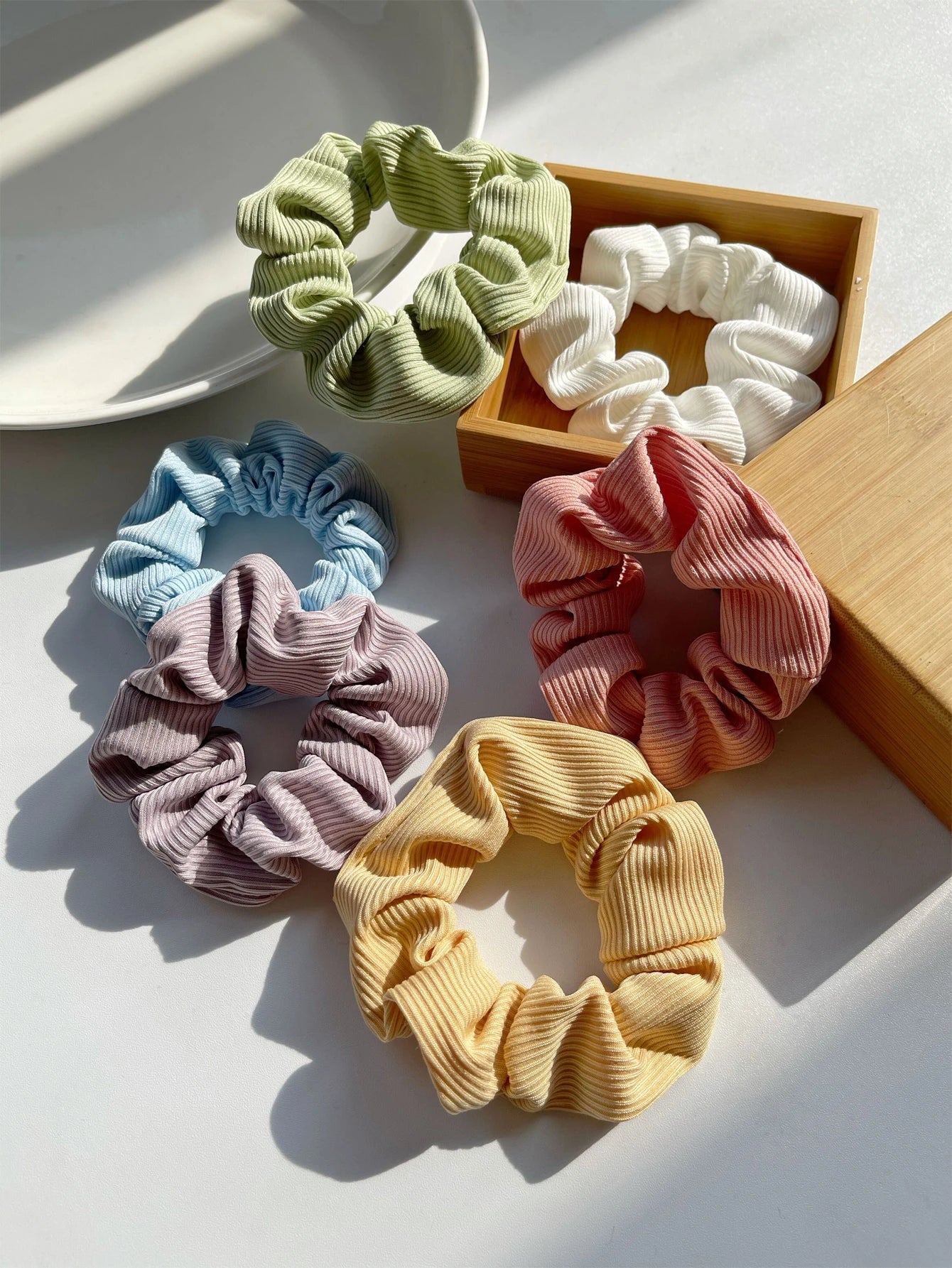 6pc Solid Ribbed Scrunchie Set