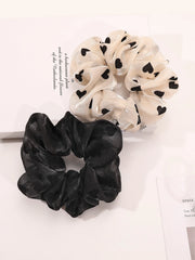 2Pcs Heart Print Scrunchies Black White Elastic Hair Ties