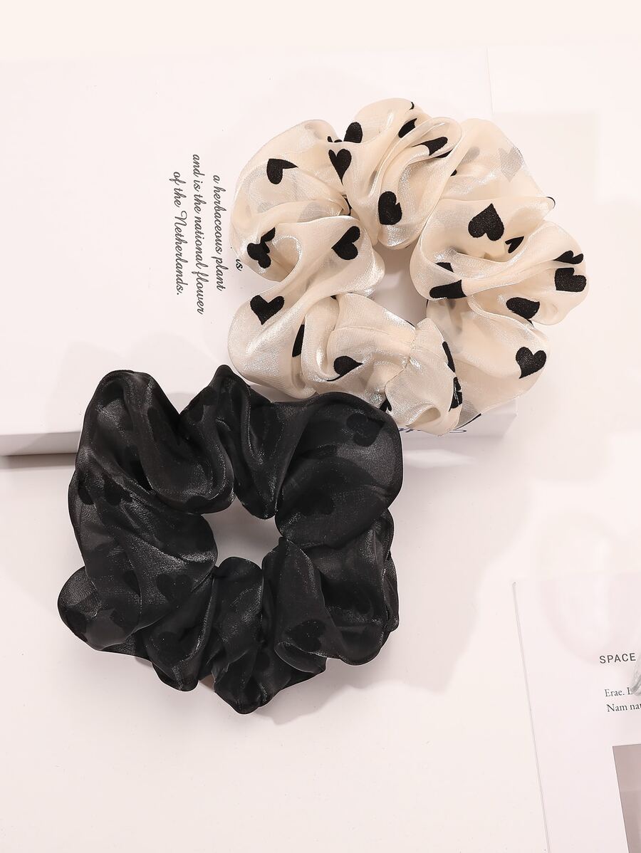 2Pcs Heart Print Scrunchies Black White Elastic Hair Ties