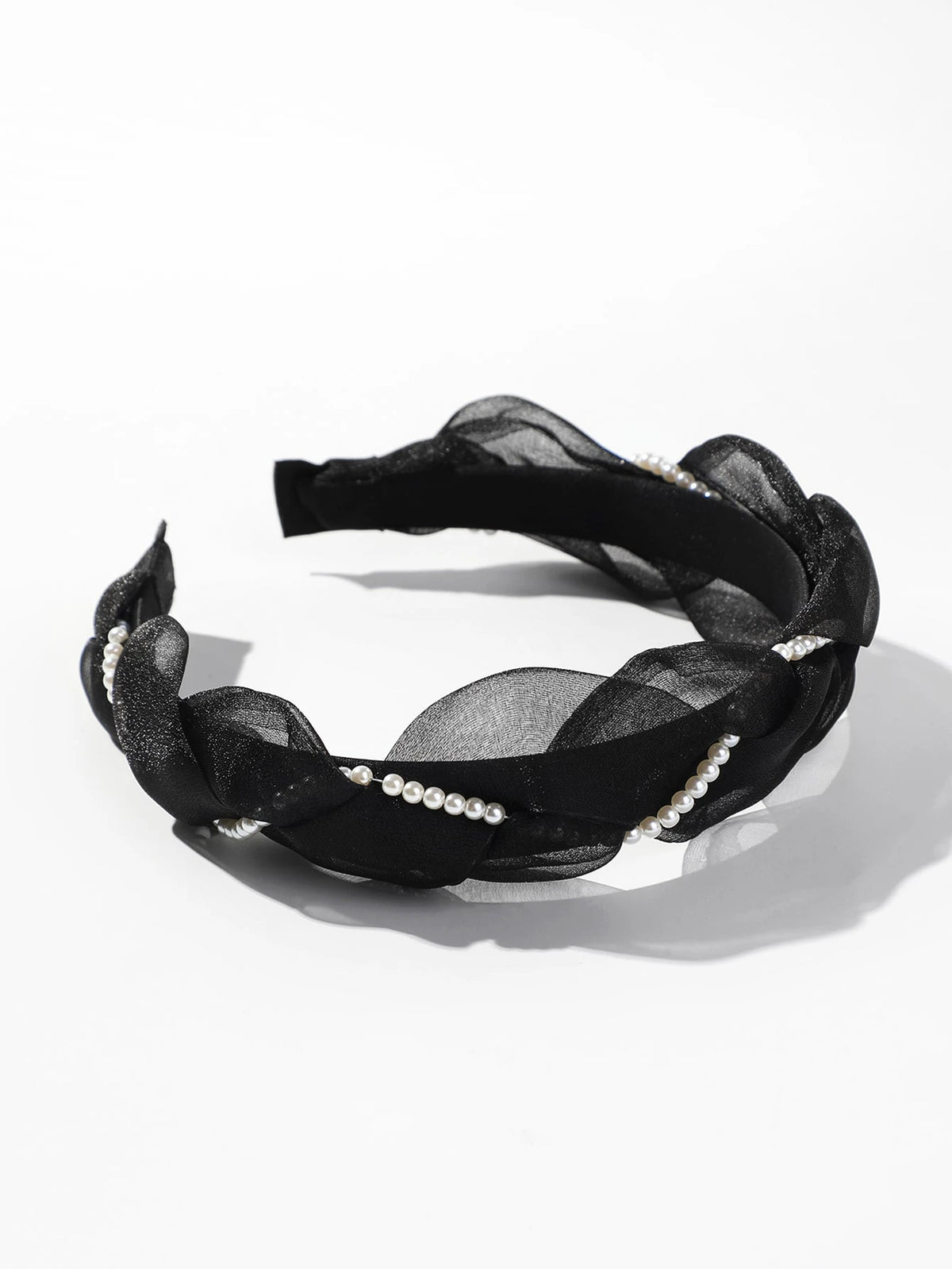 Faux Pearl Decor Black Bow Headband