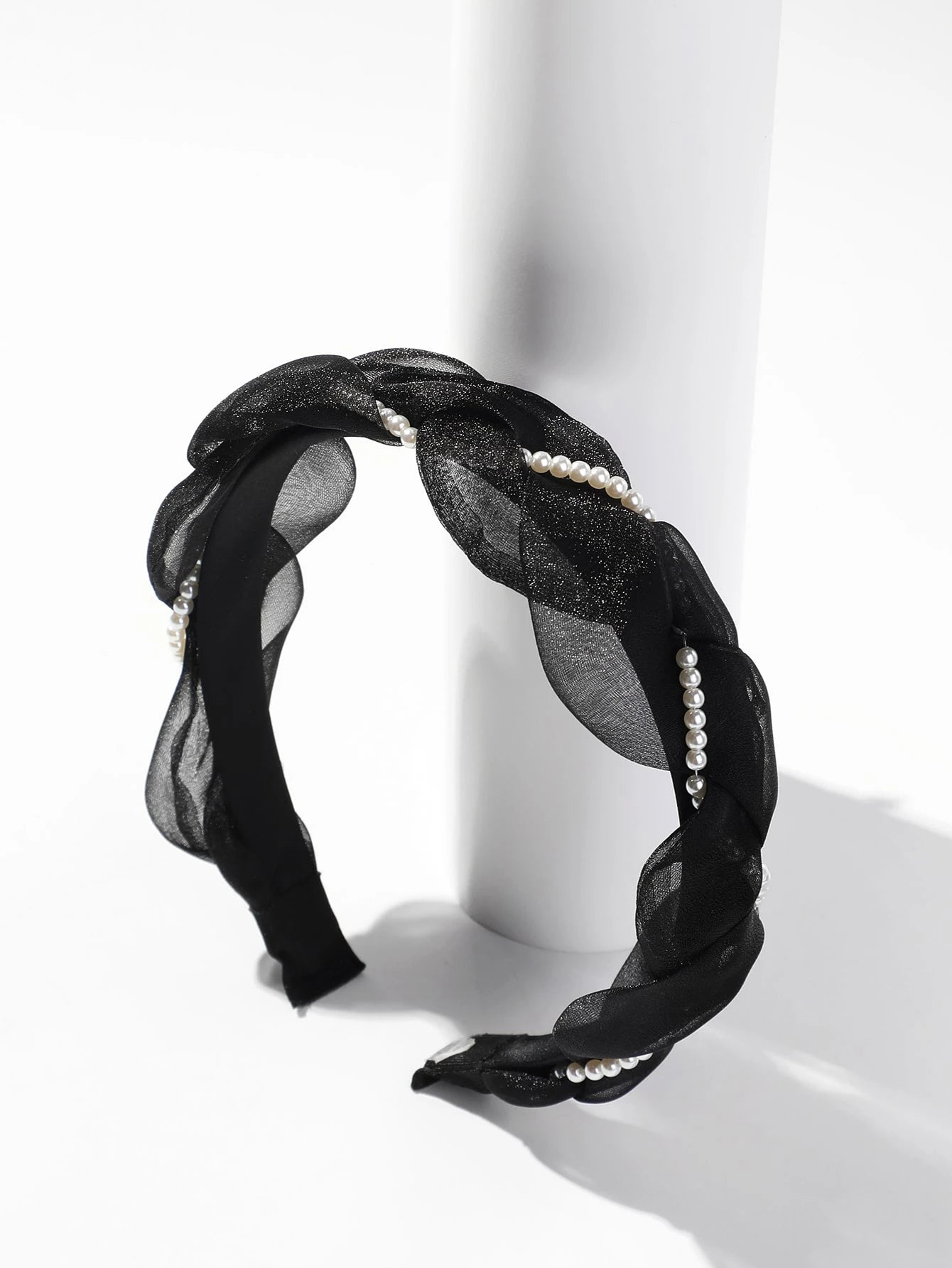 Faux Pearl Decor Black Bow Headband