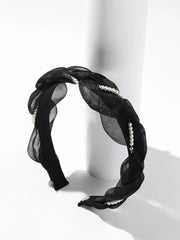 Faux Pearl Decor Black Bow Headband