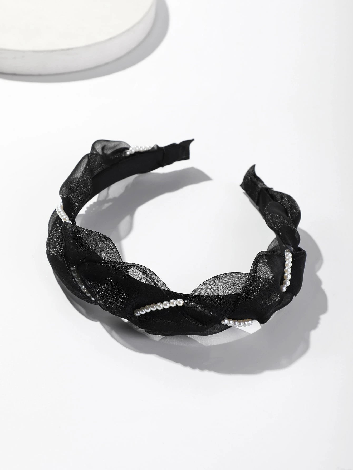 Faux Pearl Decor Black Bow Headband