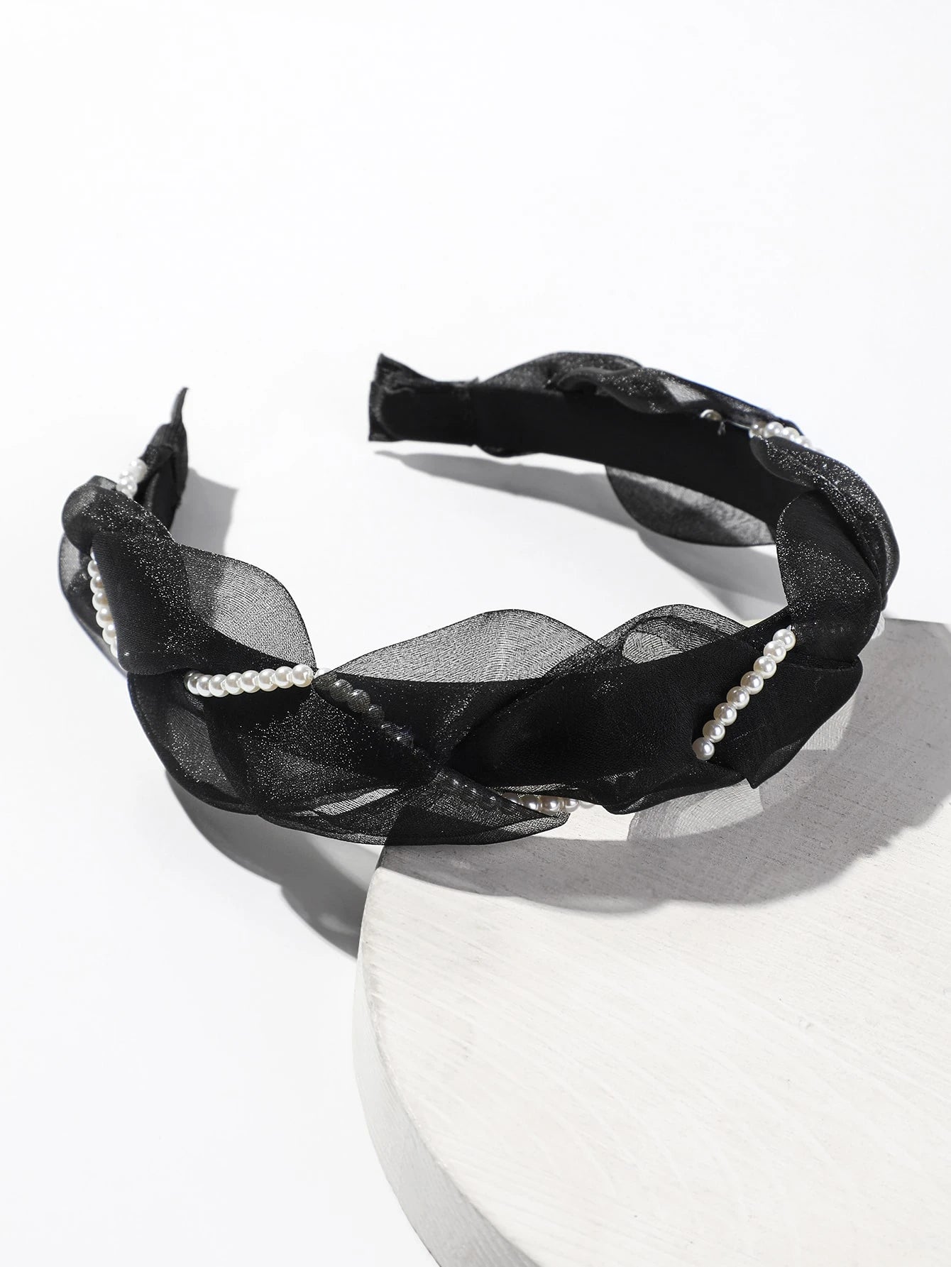 Faux Pearl Decor Black Bow Headband