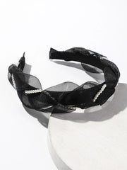 Faux Pearl Decor Black Bow Headband