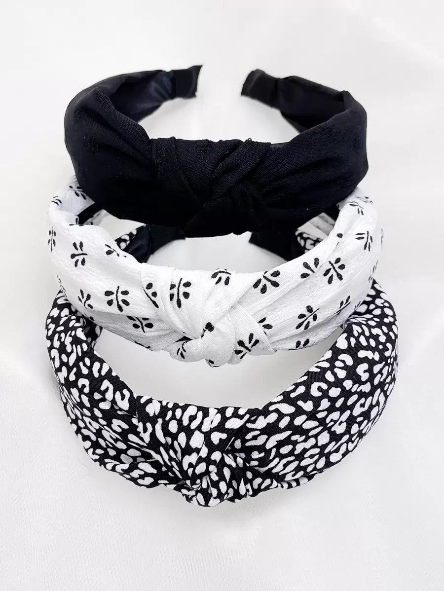 3Pcs Floral Print Solid Wide Knotted Headband Se