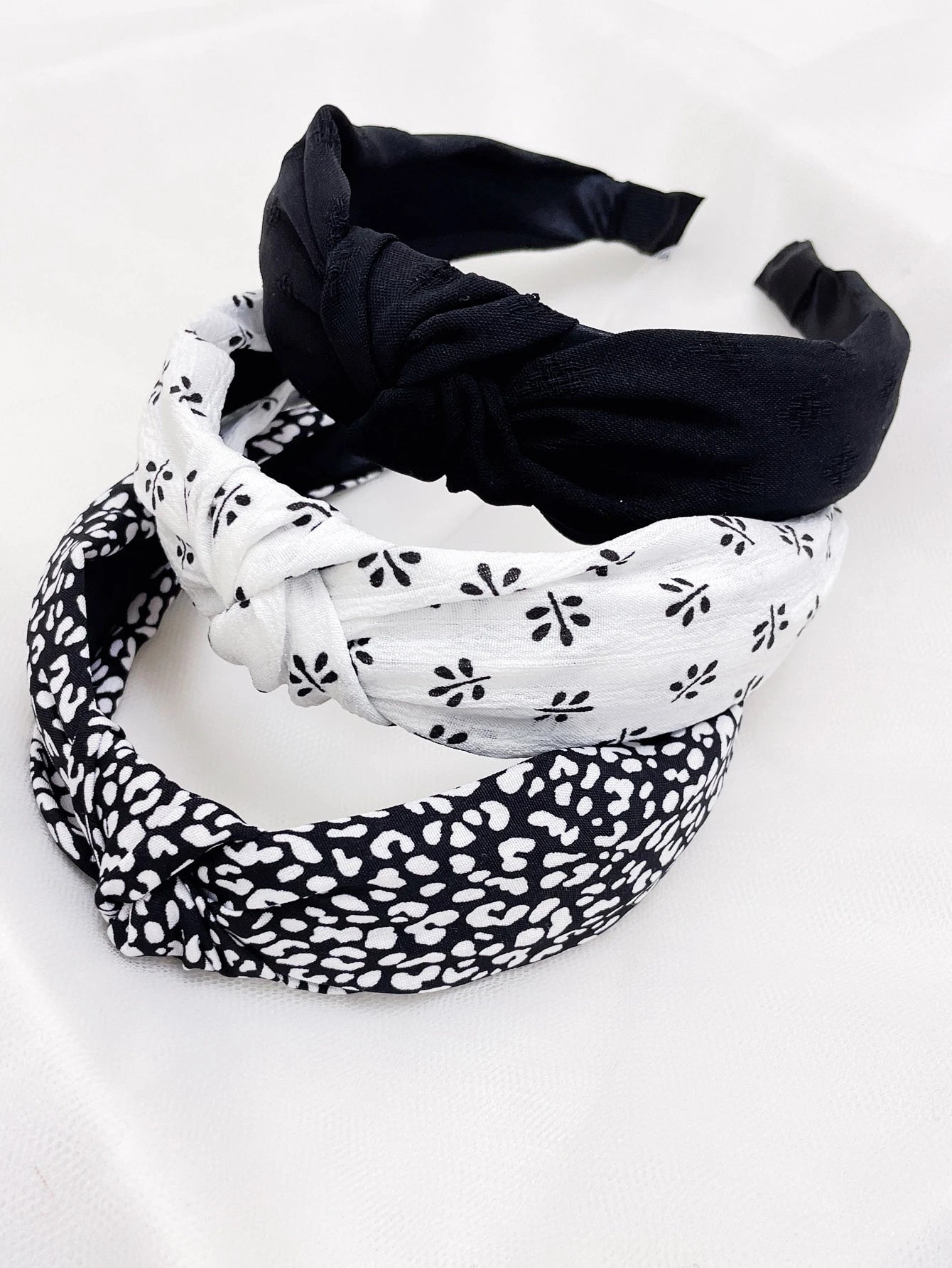 3Pcs Floral Print Solid Wide Knotted Headband Se