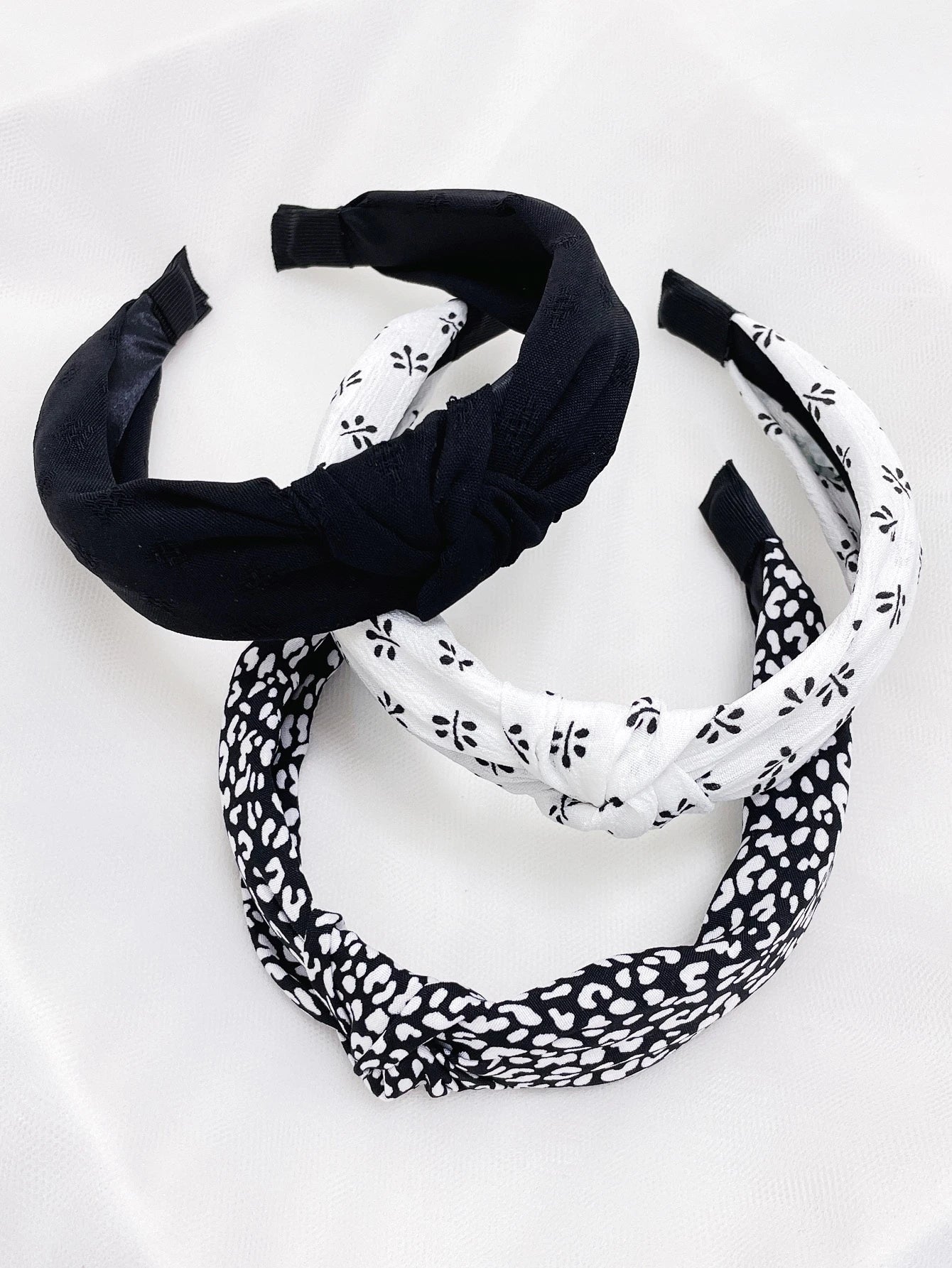 3Pcs Floral Print Solid Wide Knotted Headband Se