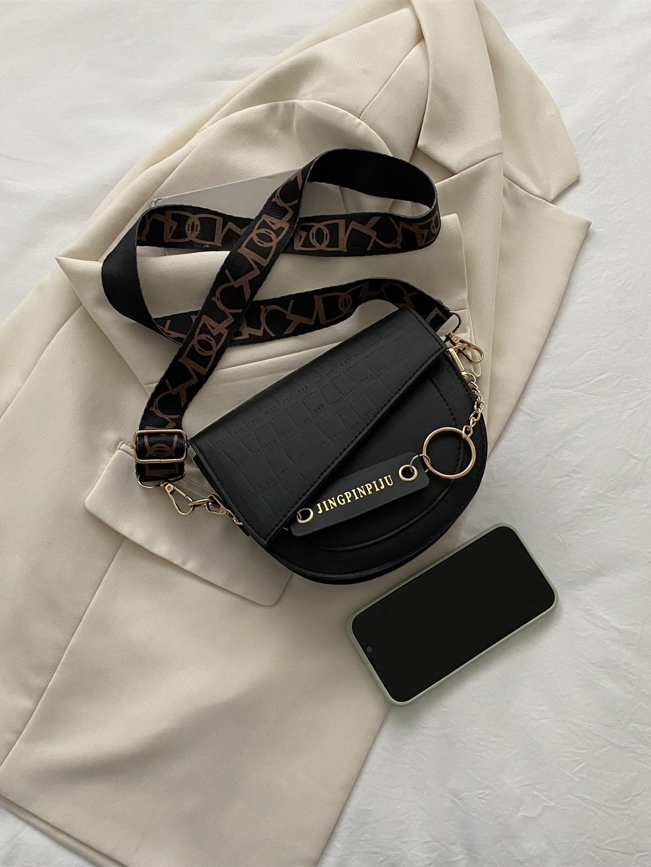 Mini Croc Embossed Flap Saddle Bag - Black
