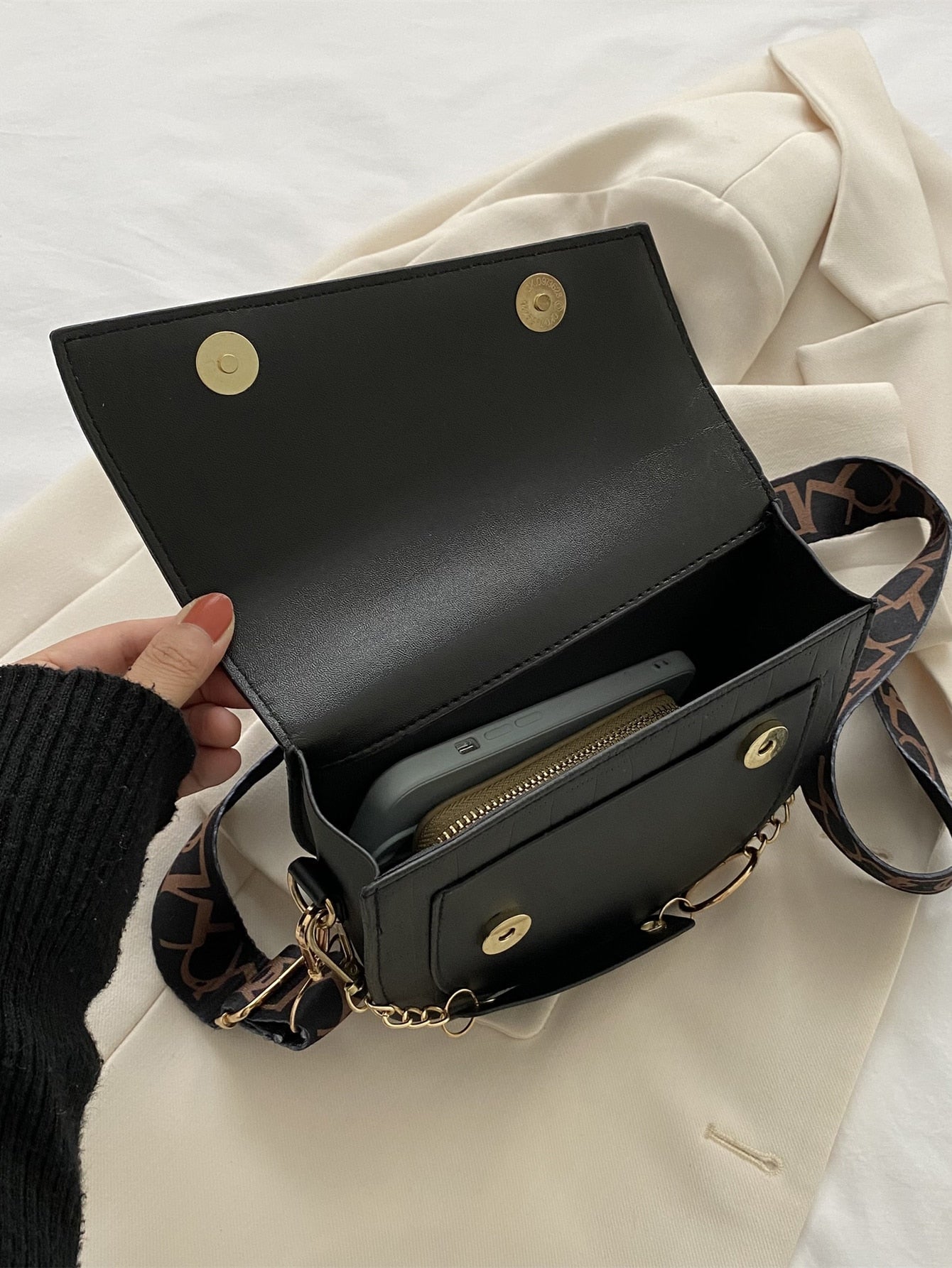 Mini Croc Embossed Flap Saddle Bag - Black