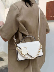 Metal & Chain Decor Flap Square Bag  - Beige