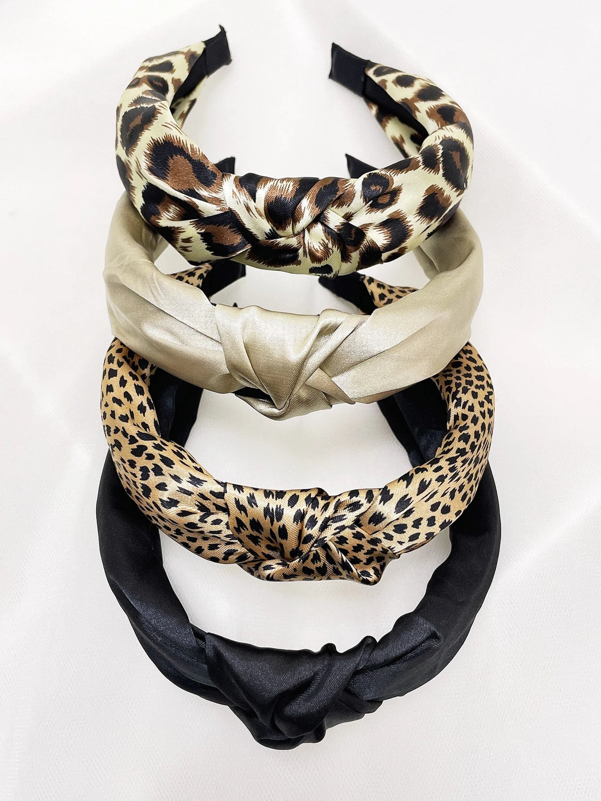 4Pcs Leopard Print Solid Wide Knotted Headband Set