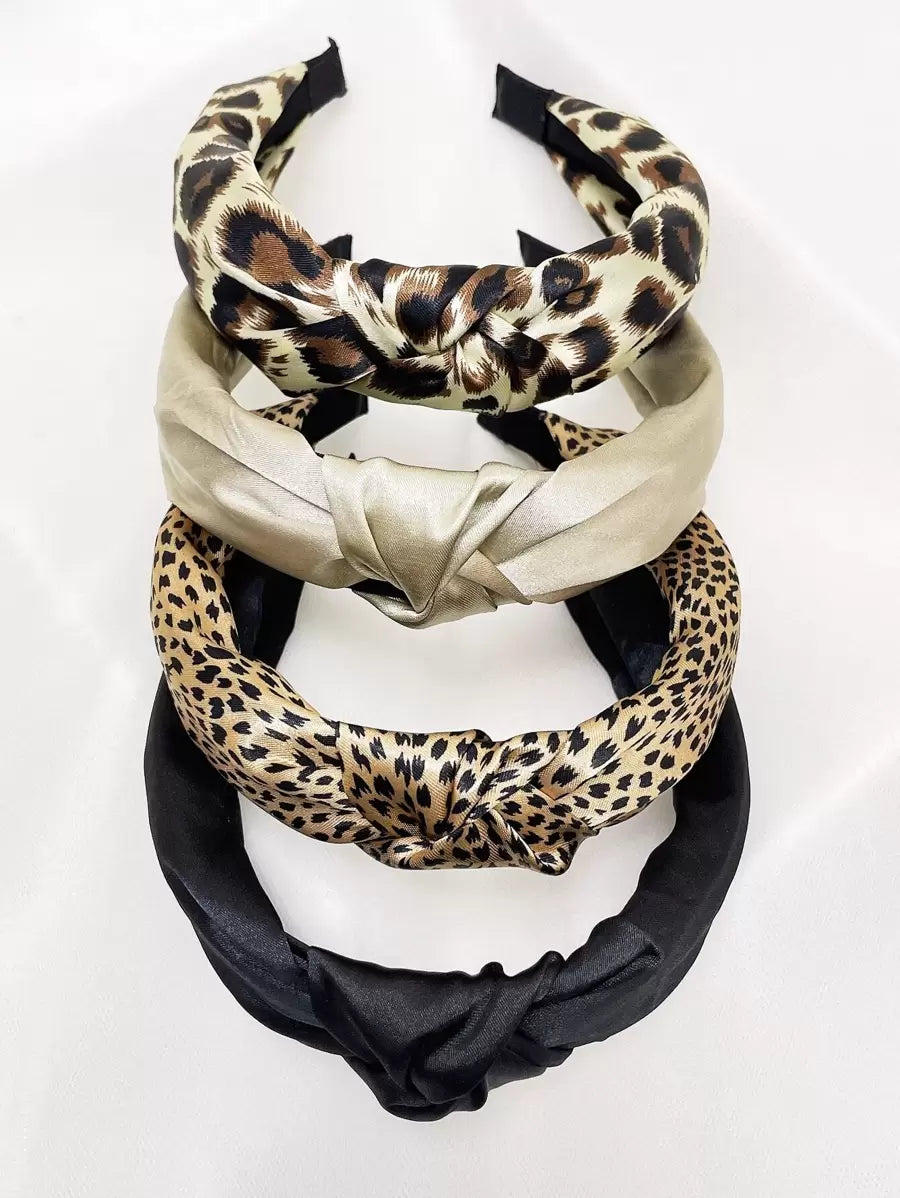 4Pcs Leopard Print Solid Wide Knotted Headband Set